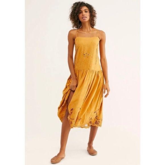Free People Dresses & Skirts - Free People Cutout Embroidered Midi Dress Mustard